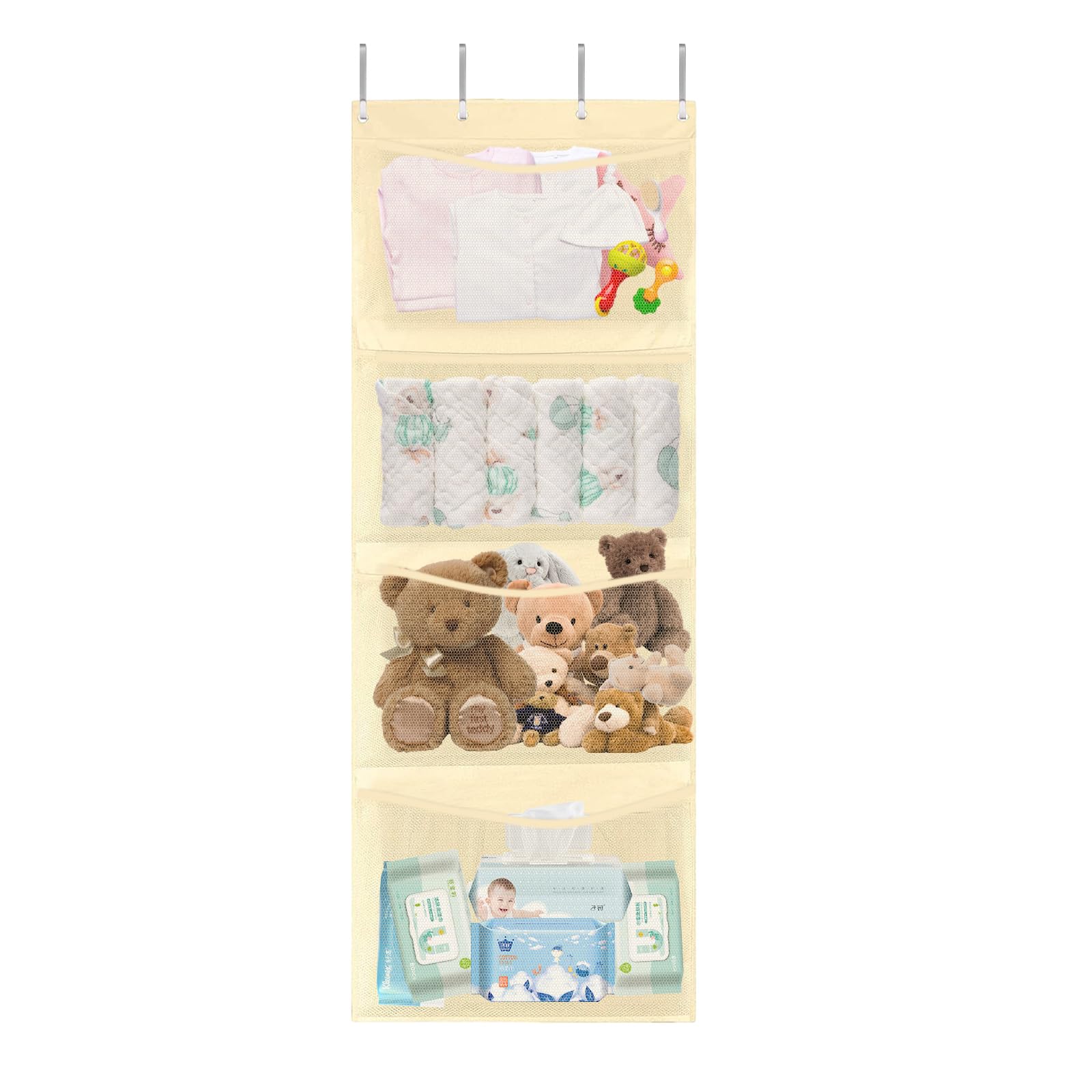 Yuehuamech Over The Door Hanging Organizers Behind Door Hang Holder with 4 Pockets 4 Metal Hooks Hanging Storage in Closet Bedroom Bathroom for Stuffed Animal Toy Shoes Hat Underwear Socks