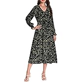 LUXEBOLD Womens Boho Maxi Dress Floral Dress Long Sleeve Ruffle V Neck Flowy Spring Casual Beach Vacation Long A Line Dresses