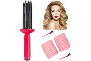 Neuvikter Self-Grip Hair Rollers with Hair Roller Clips and Comb, Hair Roller Set, Hair Brush Styler for Curly Hair, Air Volume Comb for DIY Hair Styles (5Pcs-Pink)