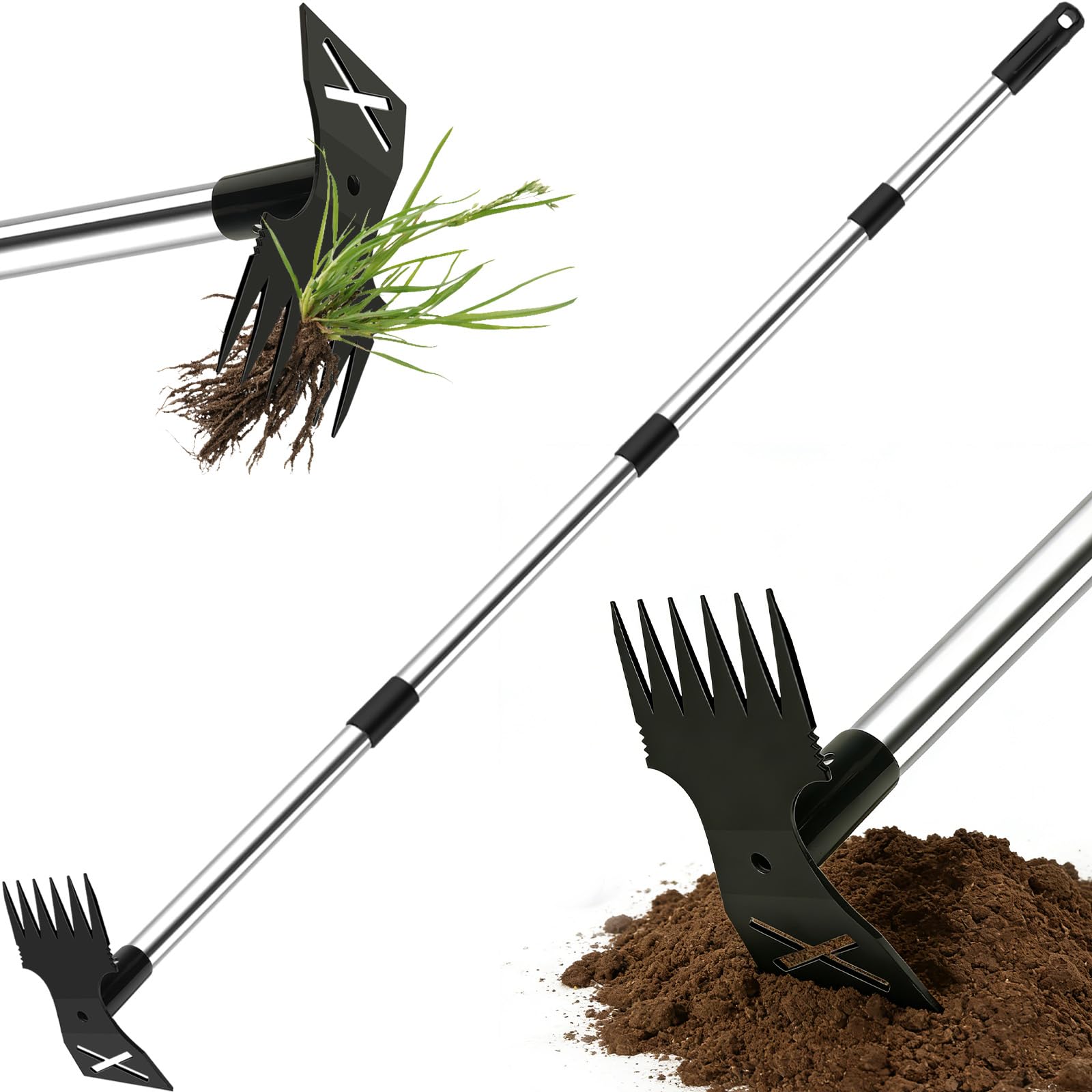 YL Unkrautstecher mit Länge Stiel 1.47 m, 2 in 1 Manuell Gartenhacke 6 Zinken & Flachhacke, Unkrautjäter, Effizientes Unkrautentferner für Hof, Rasen, Terrasse und Garten