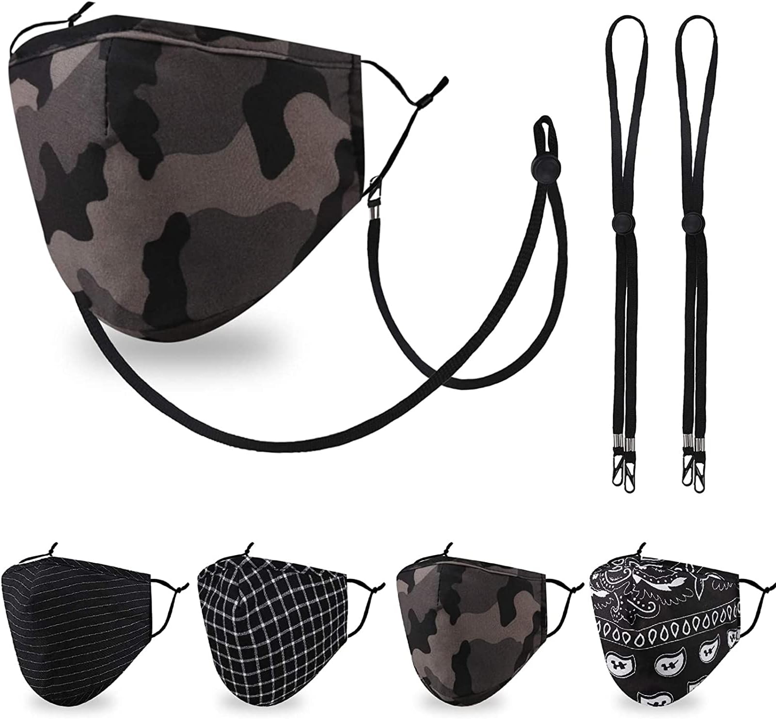 Breathable Washable Reusable Face Mask Sports Athletic Fashion Bandanna Print Design with Adjustable Ear Loops for Women Man Cotton Cloth Paisley Stripe Camouflage Camo Gift in Outdoor Workout