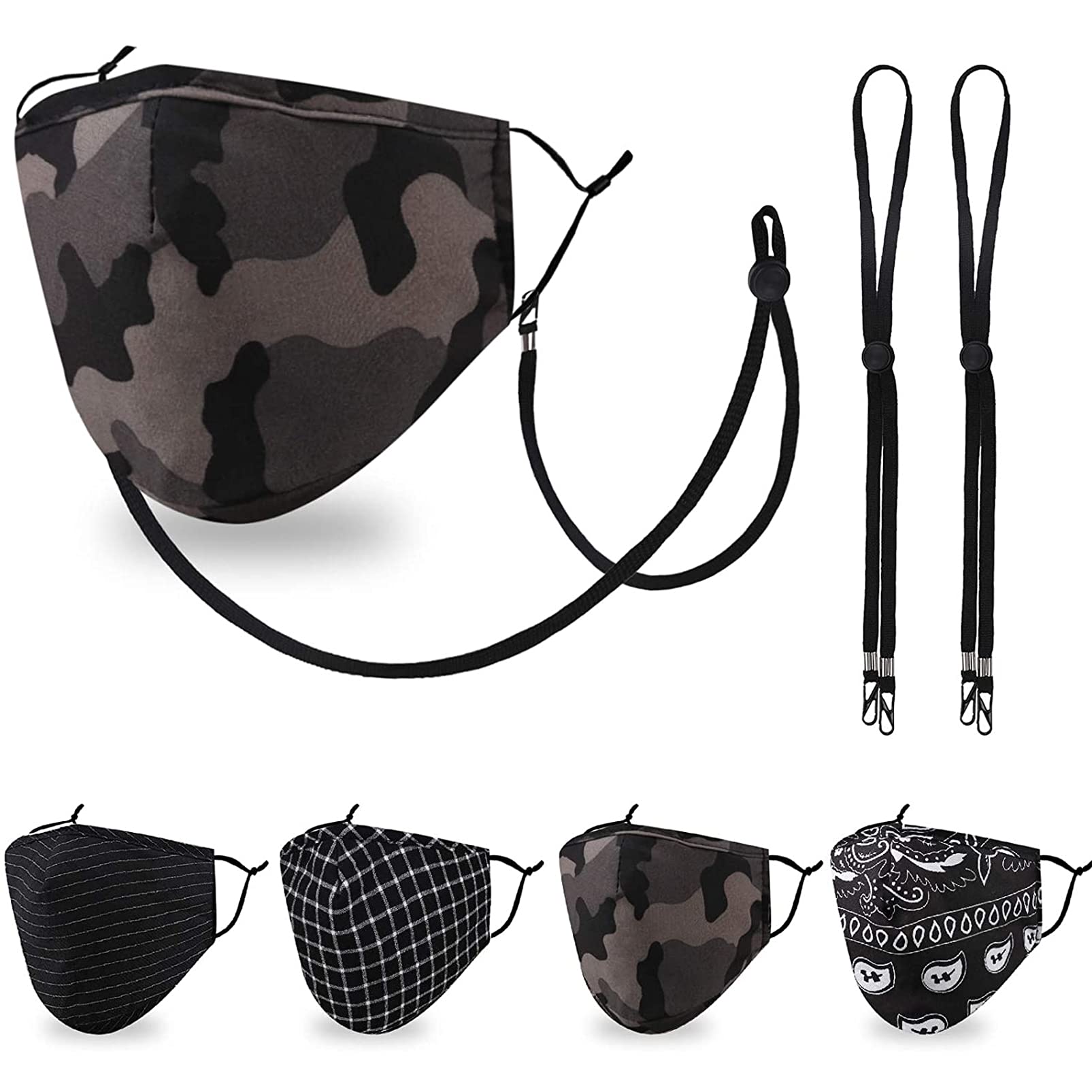 Breathable Washable Reusable Face Mask Sports Athletic Fashion Bandanna Print Design with Adjustable Ear Loops for Women Man Cotton Cloth Paisley Stripe Camouflage Camo Gift in Outdoor Workout