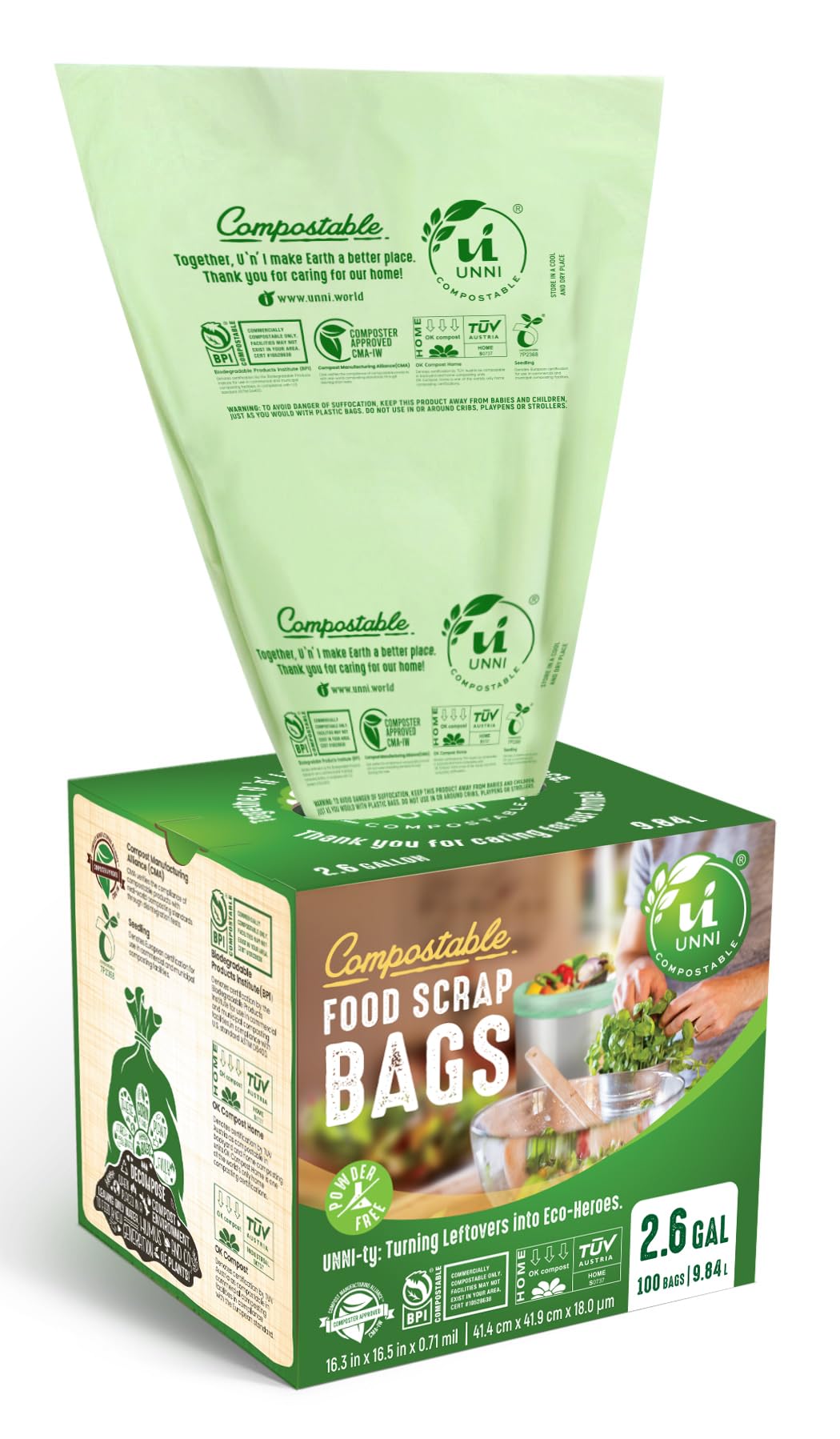 UNNI Compostable Trash Bags, 2.6 Gallon / 9.84 Liter, 100 Count, Extra Thick 0.71 Mil Small Kitchen Food Scrap Bin Liners, Certified by BPI, CMA & OK compost HOME, Meets the ASTM D6400 Standard