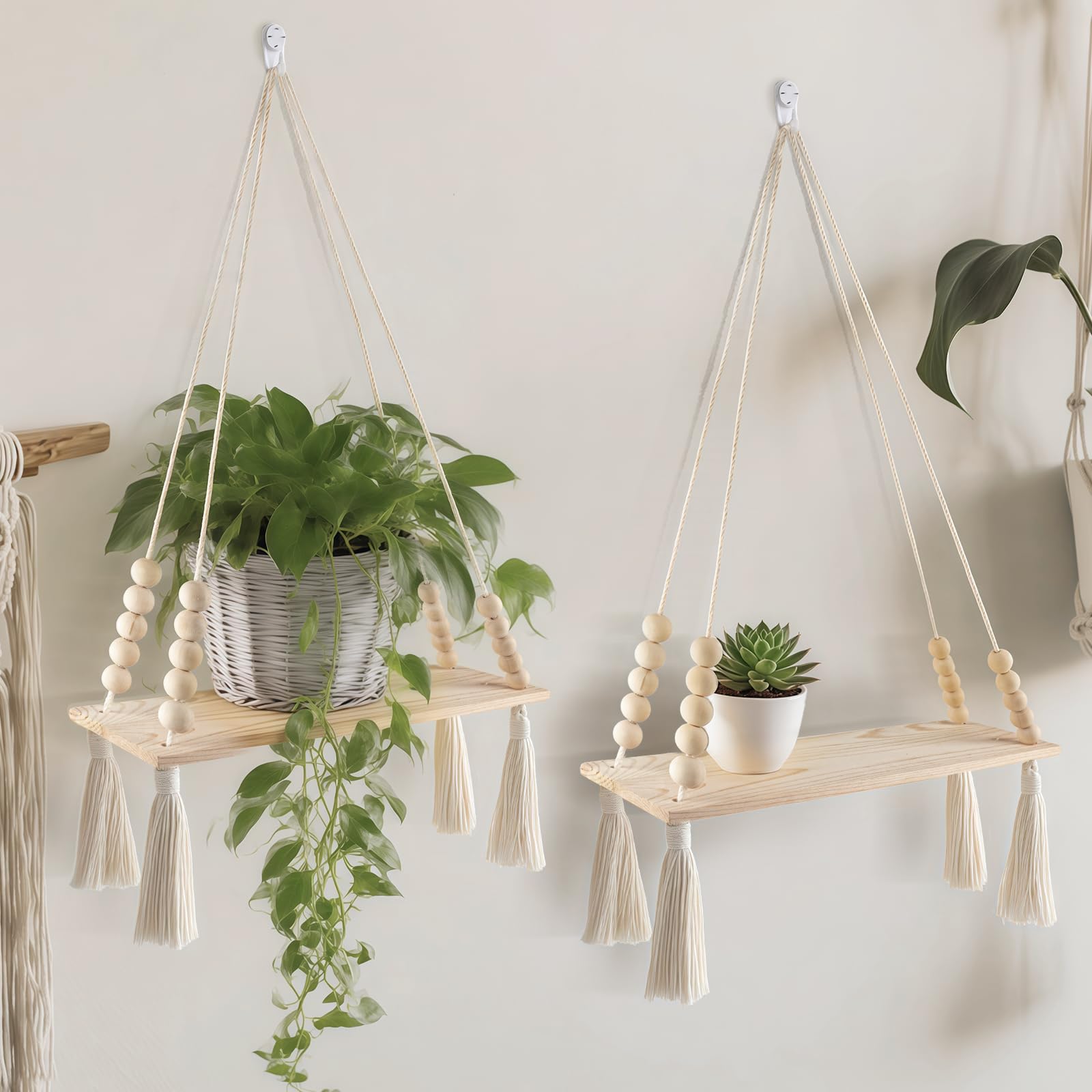 Photo 1 of 2 Pcs Wooden Wall Hanging Shelves, Macrame Hanging Plant Shelf with Tassel,Boho Storage Floating Shelves Handmade Rustic Hanger Planter Rack Pot Stand Holder for Bedroom Dorm Nursery Living Room
