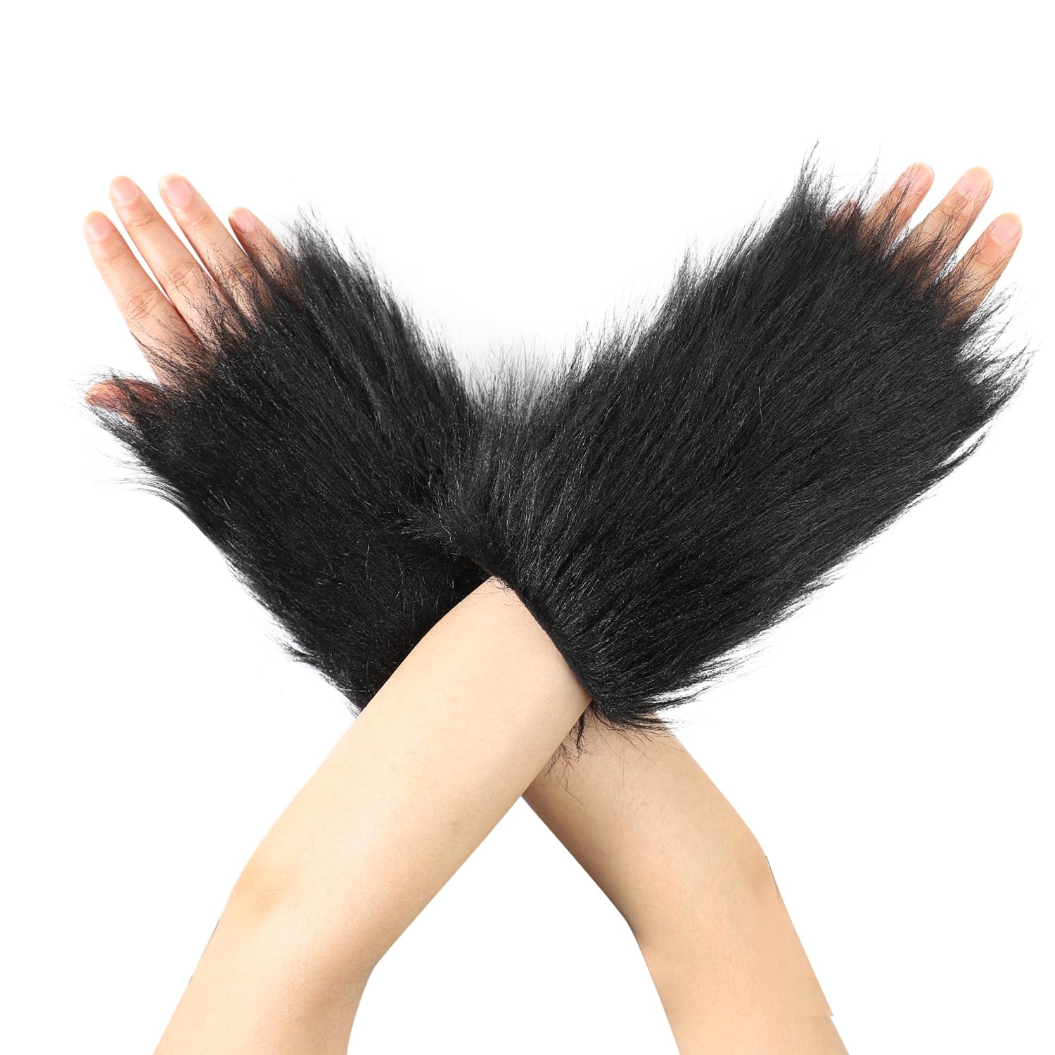 Plush Fingerless Gloves Half Finger Novelty Thermal Mittens Furry Plush Bear Fox Animal Paw Glove Cat Wolf Faux Fur Mittens Cute Claw Gloves Warm Winter Cat Cosplay Glove for Women Halloween Costume