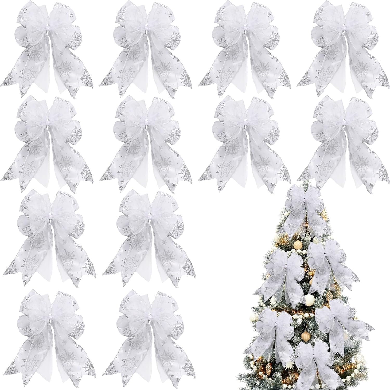 Bows & Ribbons - 12 Pieces Christmas Tree Ribbon Bow 6.3 x 9.5 Inch Patterned Ribbon Xmas Bow for Christmas Home Decoration (Silver)