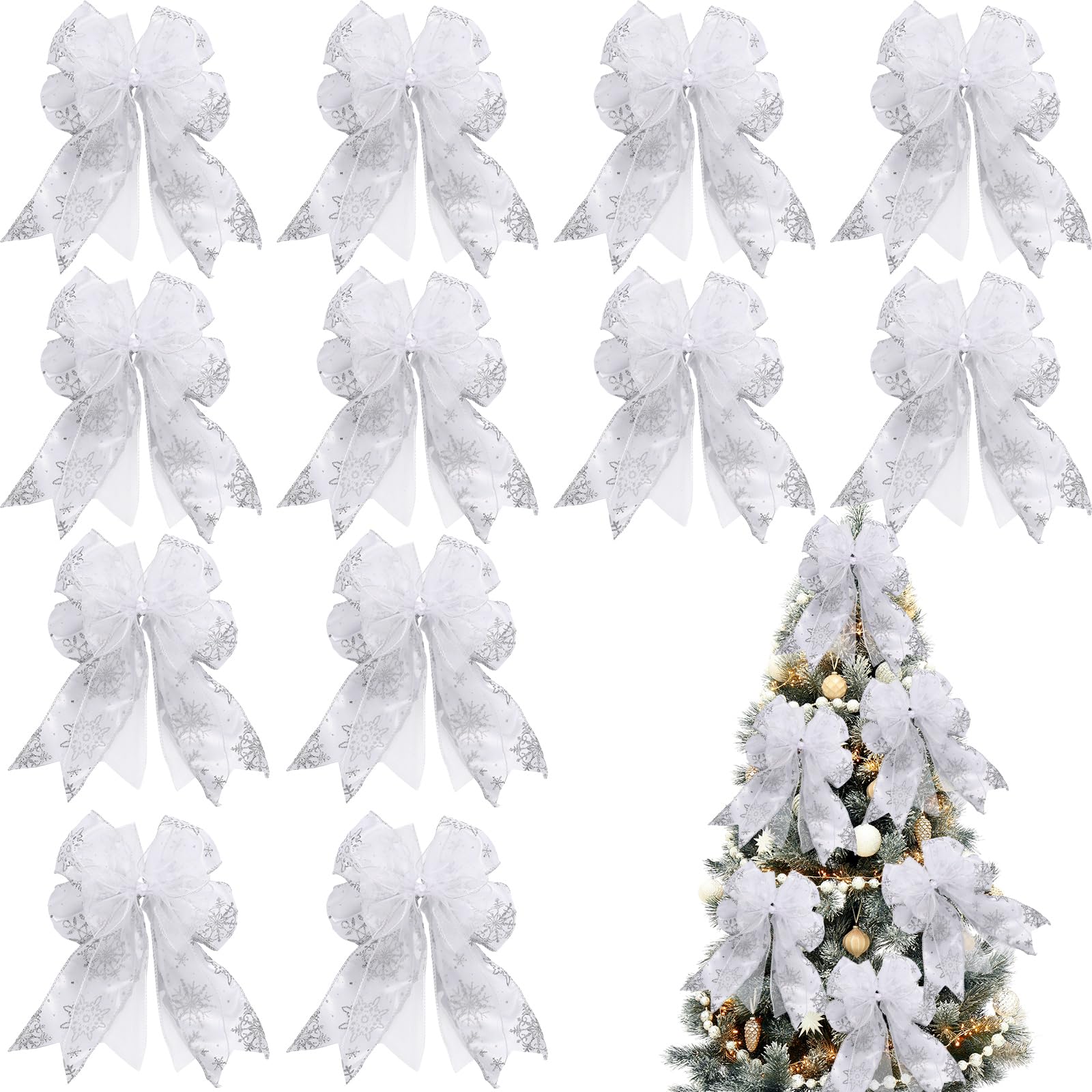 Photo 1 of 12 Pieces Christmas Tree Ribbon Bow 6.3 x 9.5 Inch Patterned Ribbon Xmas Bow for Christmas Home Decoration (Silver)