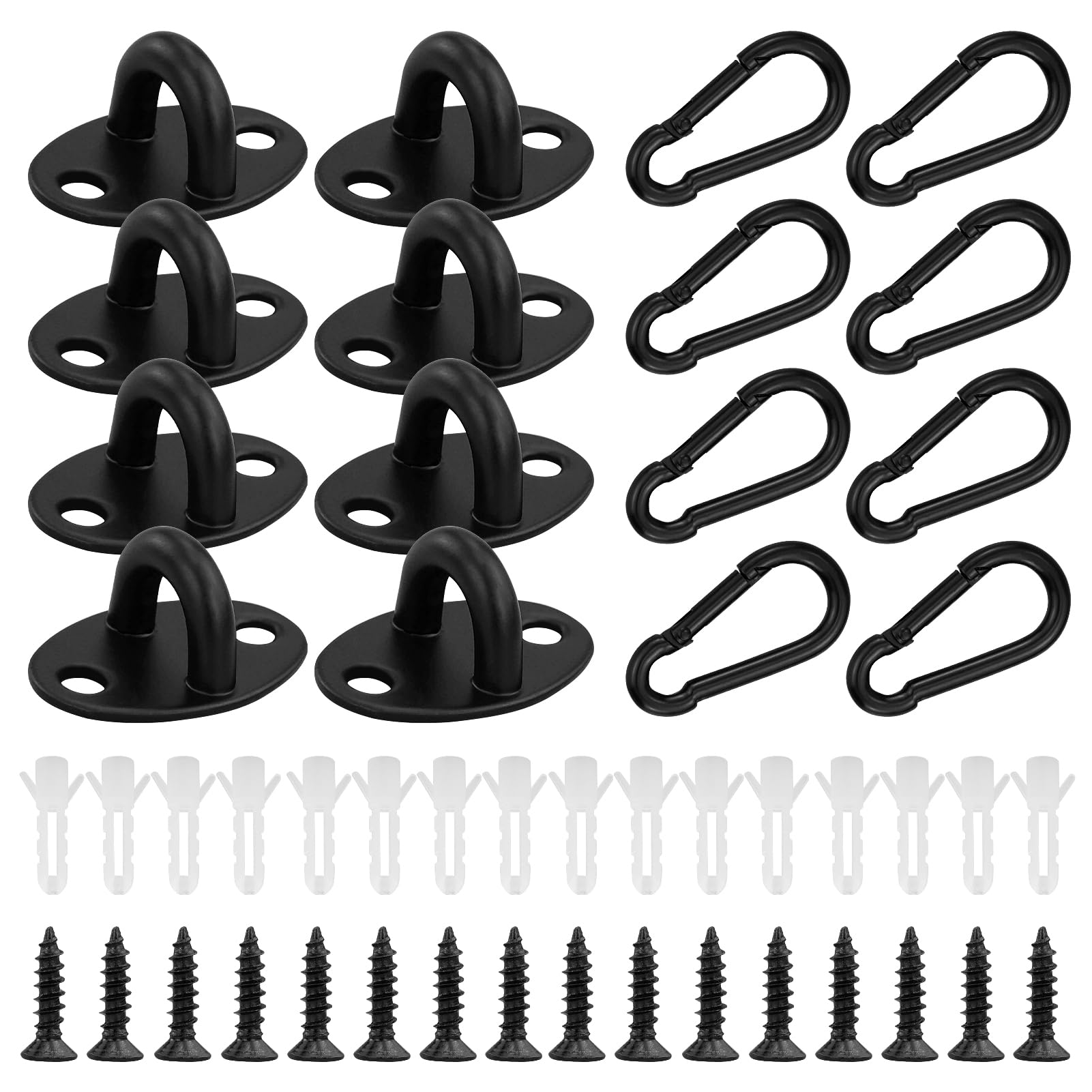 MAOQYE 8 Pack Mini Ceiling Hooks Small Pad Eye Plate with Carabiner Clips and Screws, Anchor Plates U Hooks Door Eye Latch Cabinet Knobs Door Drawer Knobs Replacement for Hanging Plant Basket