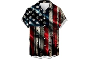 TXXEOSS Mens 4th of July Patriotic Shirts Short Sleeve Button Down Red White Blue Stars Stripes American USA Flag Hawaii Tops