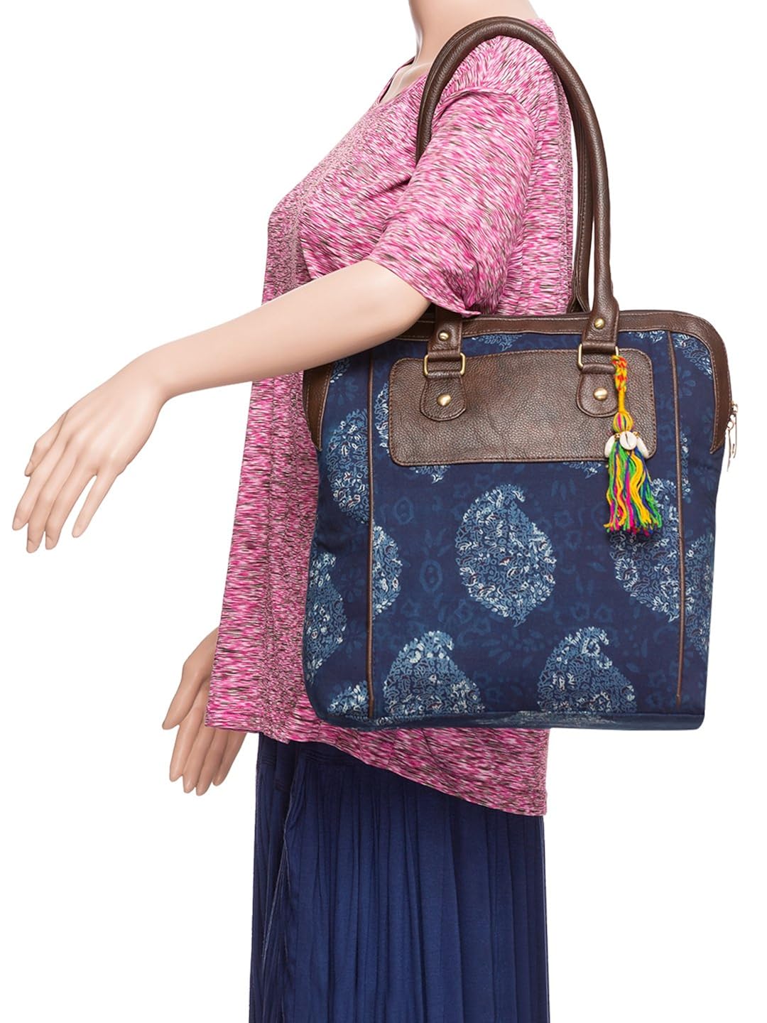 vivinkaa ethnic printed blu flower tote bag with zip for women