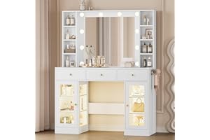 Wodeer Makeup Vanity Desk with Mirror and Lights, White Vanity with Glass Top, LED Lights & Power Outlet, 3 Drawers & 2 RGB Glass Cabinets, Adjustable Lighted Dressing Table for Women & Girls Bedroom