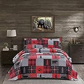 Queen Size Rustic Quilt Set - Plaid Quilts with 2 Pillow Shams - Lightweight, Reversible, Red & Black Patchwork Bedding for Country Lodge & Cabin Themed Bedrooms