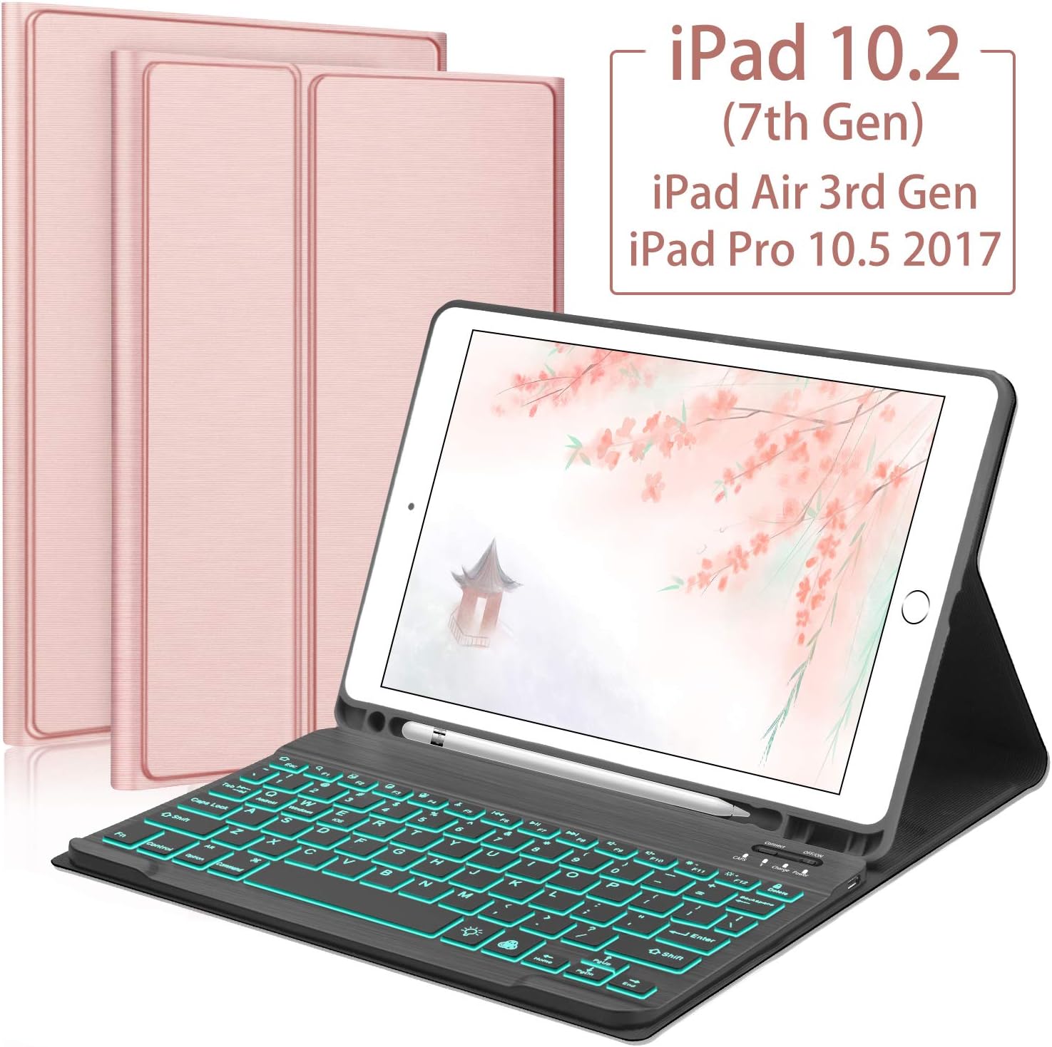 iPad 10.2 Keyboard Case for New iPad 8th Gen 2020/7th Gen 2019,iPad Air 3 Gen 2019,iPad Pro 10.5 2017-Backlit Detachable BT Keyboard-Pencil Holder-Auto Sleep/Wake-Slim Folio Protective Cover-Rose Gold