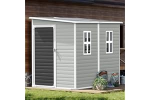 SELLERWE 8x4x6 FT Resin Lean to Shed, Waterproof Outdoor Storage Shed with Floor, Window, Lockable Door & 2 Windows, Tool Shed for Patio Garden, Lawn, Backyard, Dove Grey