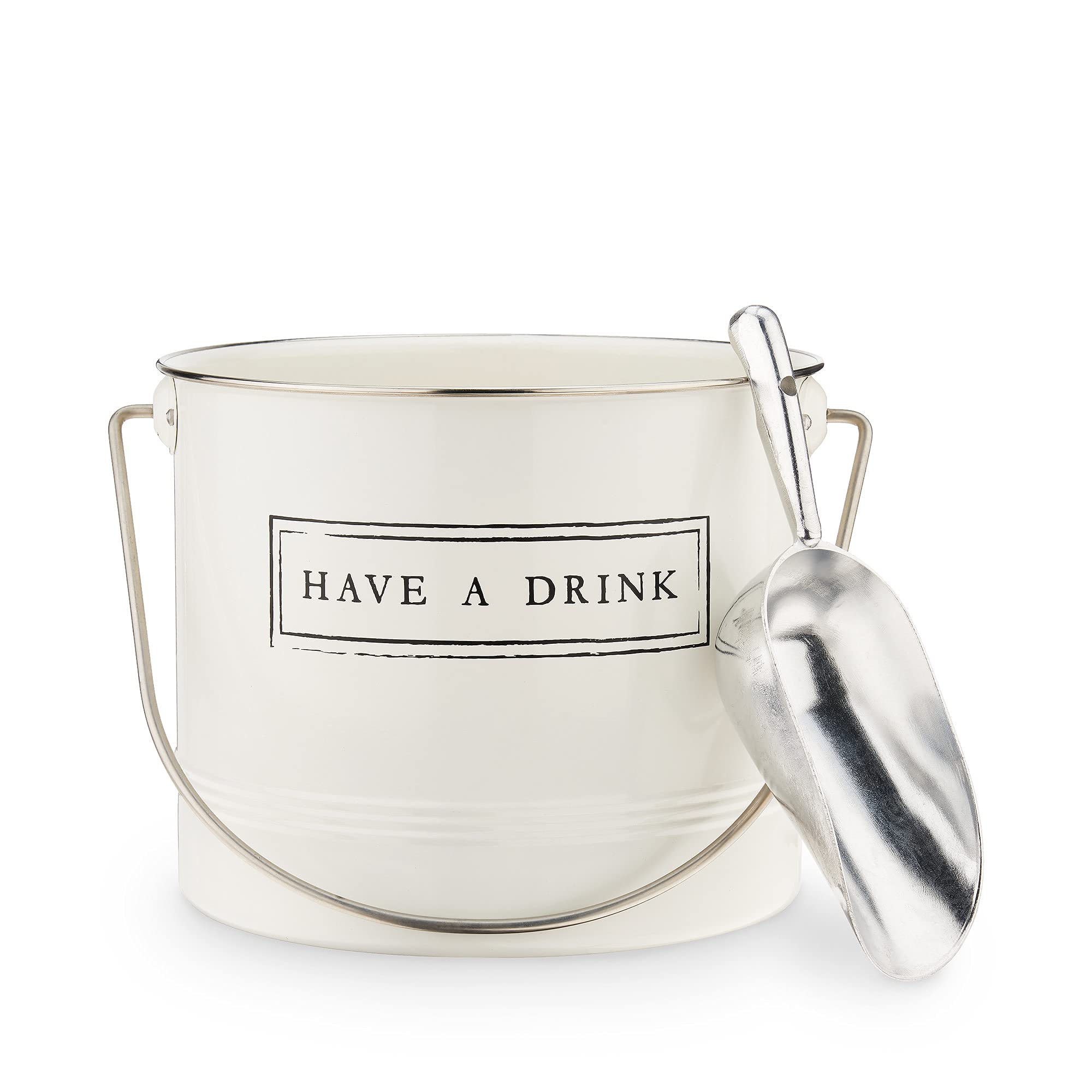 Twine Have A Drink White Enameled Metal Ice Bucket & Scoop for Parties - Wine Bottle And Beer Bottle Bucket in 1 Gallon