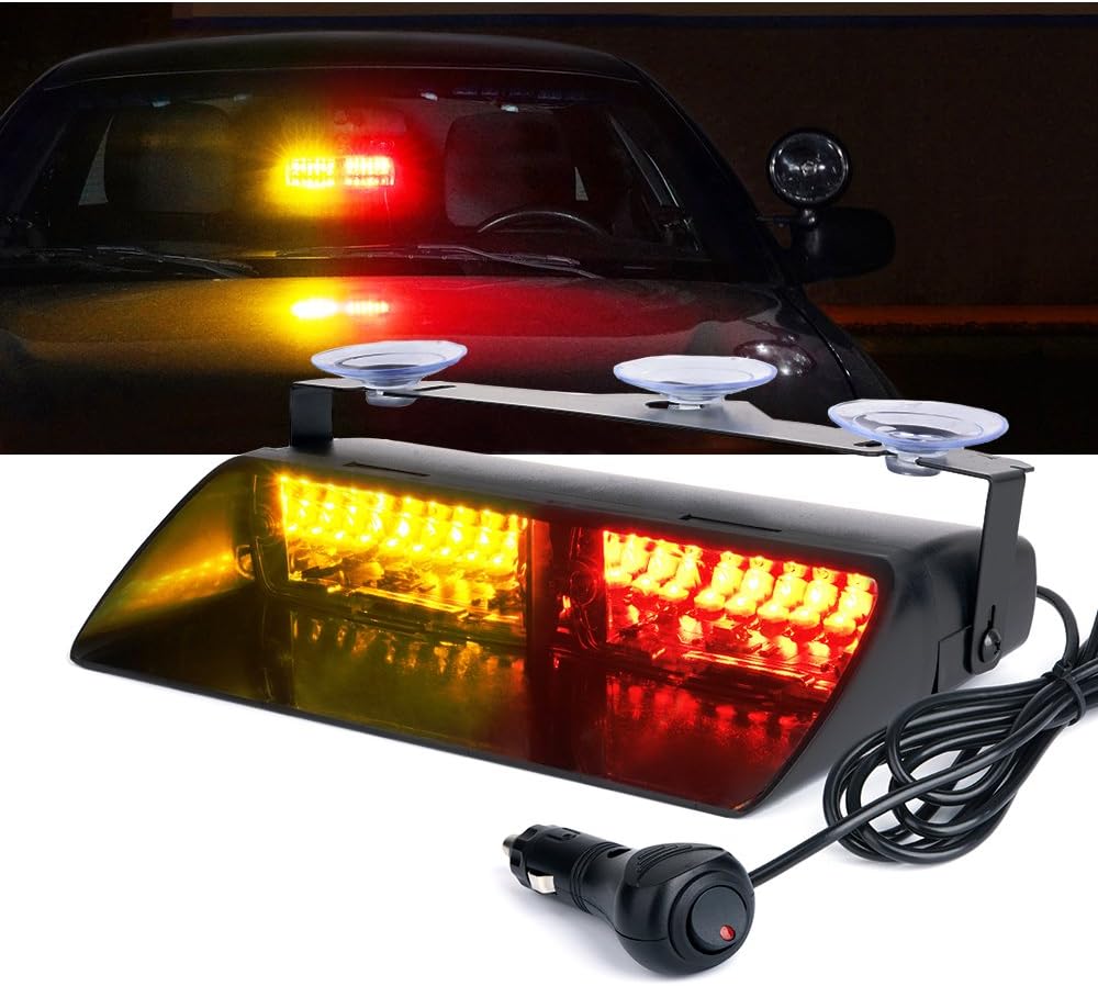 Xprite RED & Amber Yellow 16 LED High Intensity LED Law Enforcement Emergency Hazard Warning Strobe Lights For Interior Roof/Dash/Windshield With Suction Cups