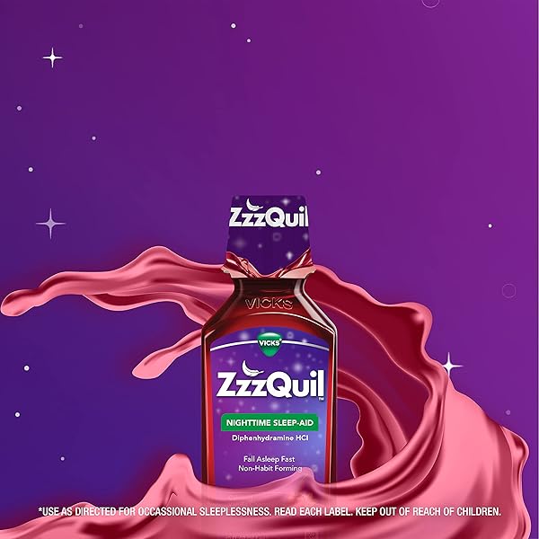 ZZZQUIL, NIGHTTIME SLEEP AID LIQUID, 50 MG DIPHENHYDRAMINE HCL, NO.1 SLEEP AID BRAND, FALL ASLEEP FAST, NON-HABIT FORMING, CALMING VANILLA CHERRY, 12 FL OZ