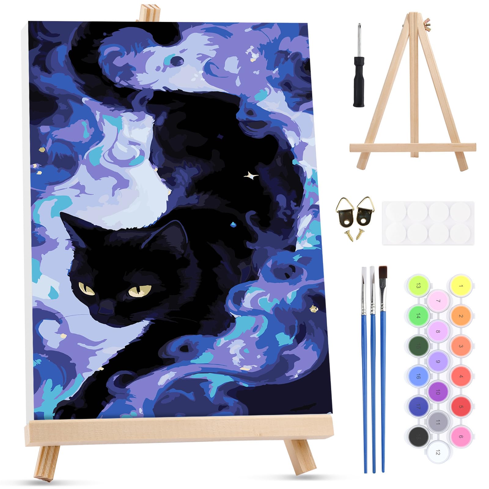 MXJSUA Elf Cat Framed Paint by Numbers Kit for Adults Beginner with Wooden Easel, Adults' Paint-by-Numbers on Canvas, Easy DIY Acrylic Number Painting for Home Decor Gifts, 20x30cm