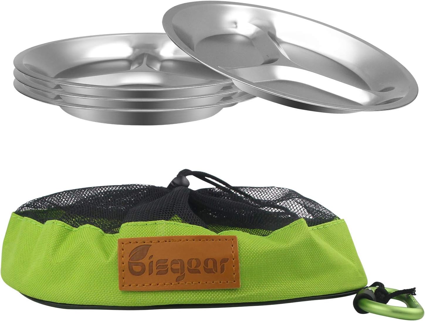 Bisgear 10.25 inch Stainless Steel Round Divided Plates Pack of 4 with Mesh Travel Bag - Lightweight BPA Free Sectioned Plates for Outdoor Camping (4pc)