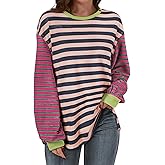 BLENCOT Women's Oversized Patchwork T Shirts Fall Long Sleeve Striped Color Block Loose Fit Pullover Tops