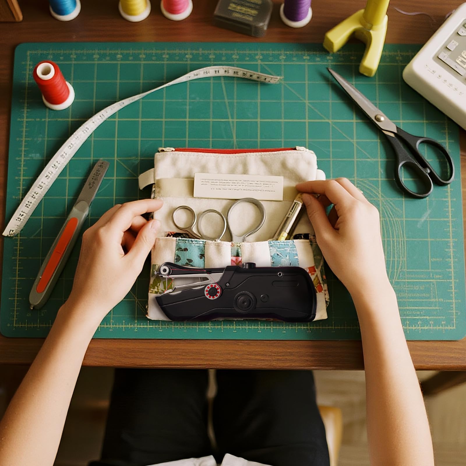 Handheld Sewing Machine with Black Storage Case and 109-Piece Sewing Kit, Mini Portable Cordless Hand Sewing Machine, Ideal for Adults & Beginners, Complete Set of Quick Home Clothing Repair Tools