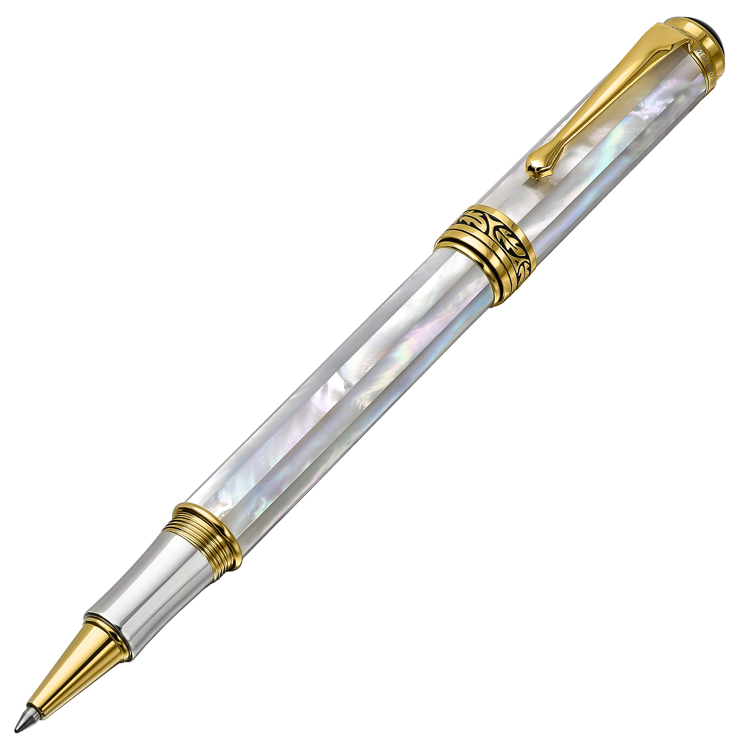 Xezo Maestro Rollerball Pen, Fine Point. Oceanic Origin White Mother of Pearl with Pure Platinum Plating. Handcrafted, Limited Edition, Serialized