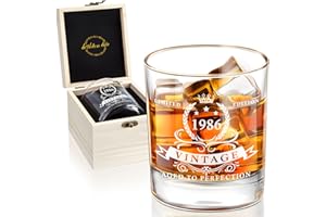 LIGHTEN LIFE 40th Birthday Gifts for Men 12 OZ,1986 Whiskey Glass in Valued Wooden Box, Bourbon Glass for 40 Years Old Dad,Hu