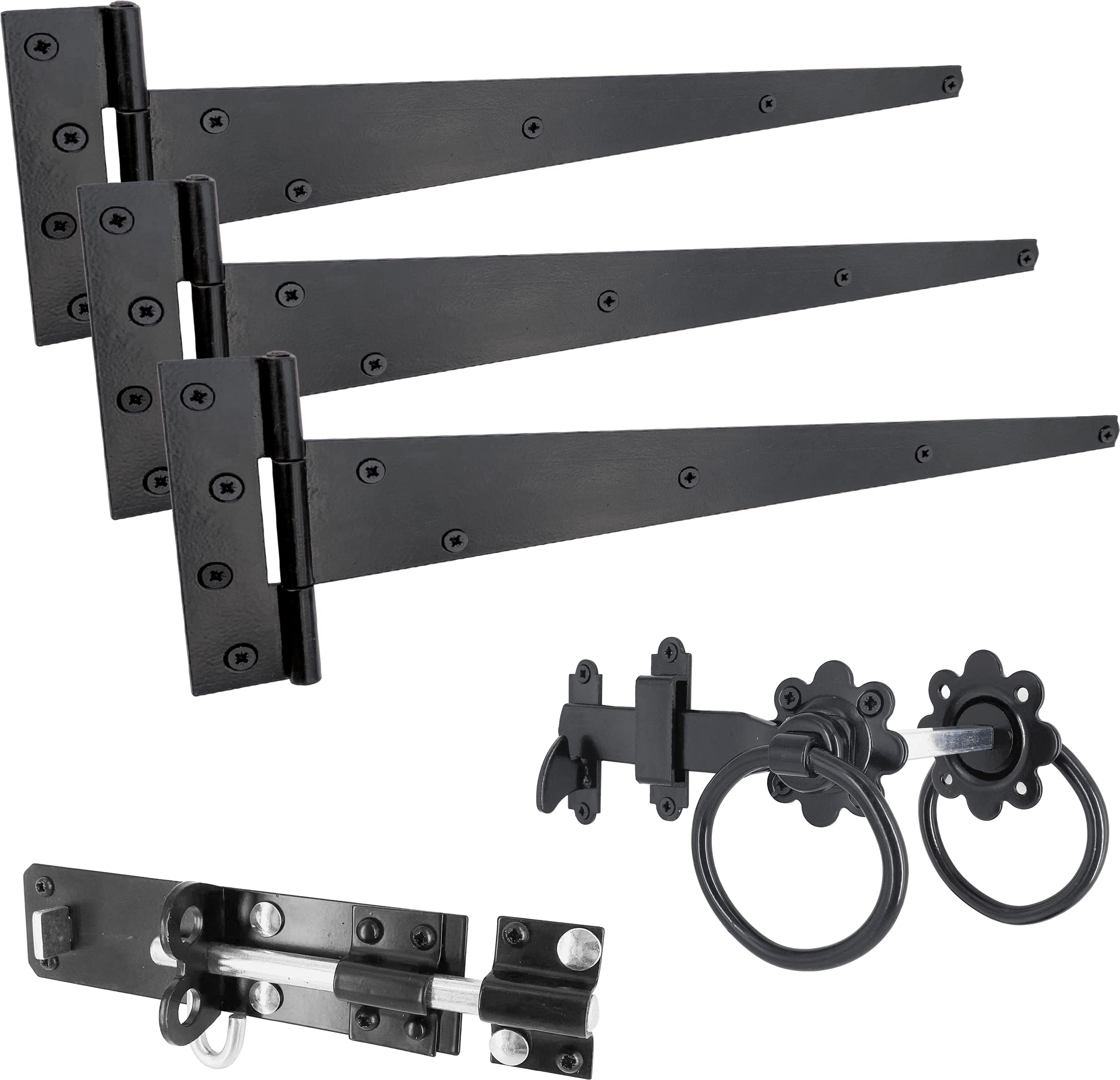IRONTITE® Black Gate Latch Kit with 450mm (18") T Hinges and Brenton Bolt. Garden Gate Kit Includes Garden Gate Hinges for Wooden Gates, Brenton Garden Gate Bolt, and Ring Gate Latch.