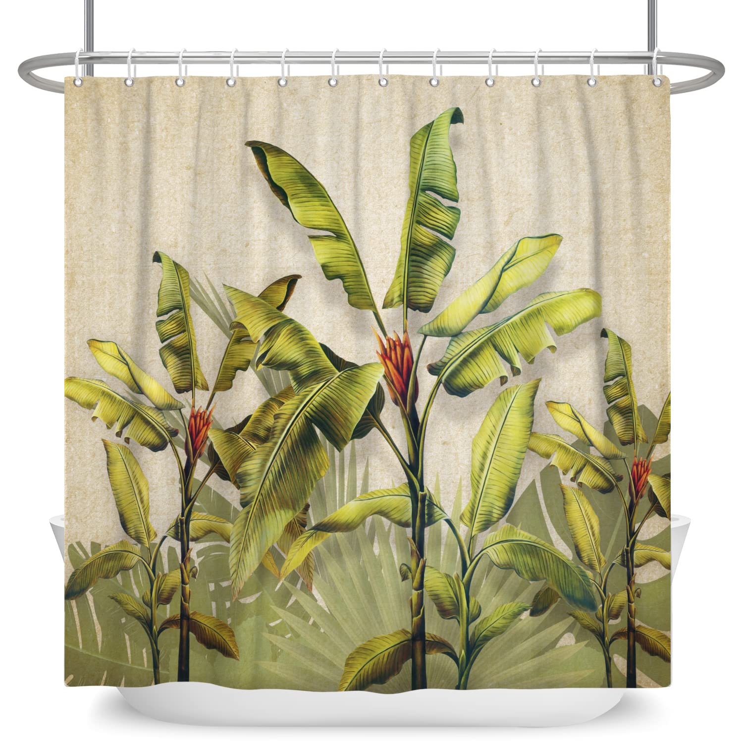 Bovlleetd 71x71inch Banana Leaf Shower Curtain Retro Plant Palm Bathroom Curtain Vintage Botanical Leaf Bath Curtain Tropical Jungle Shower Curtains Waterproof Bathtub Curtains with Hook