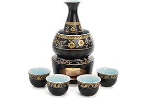 Foraineam Ceramic Sake Set with Warmer Pot, Japanese Style Porcelain Pottery Hot Cold Saki Drink Bottle Stovetop Set, 7 Piece