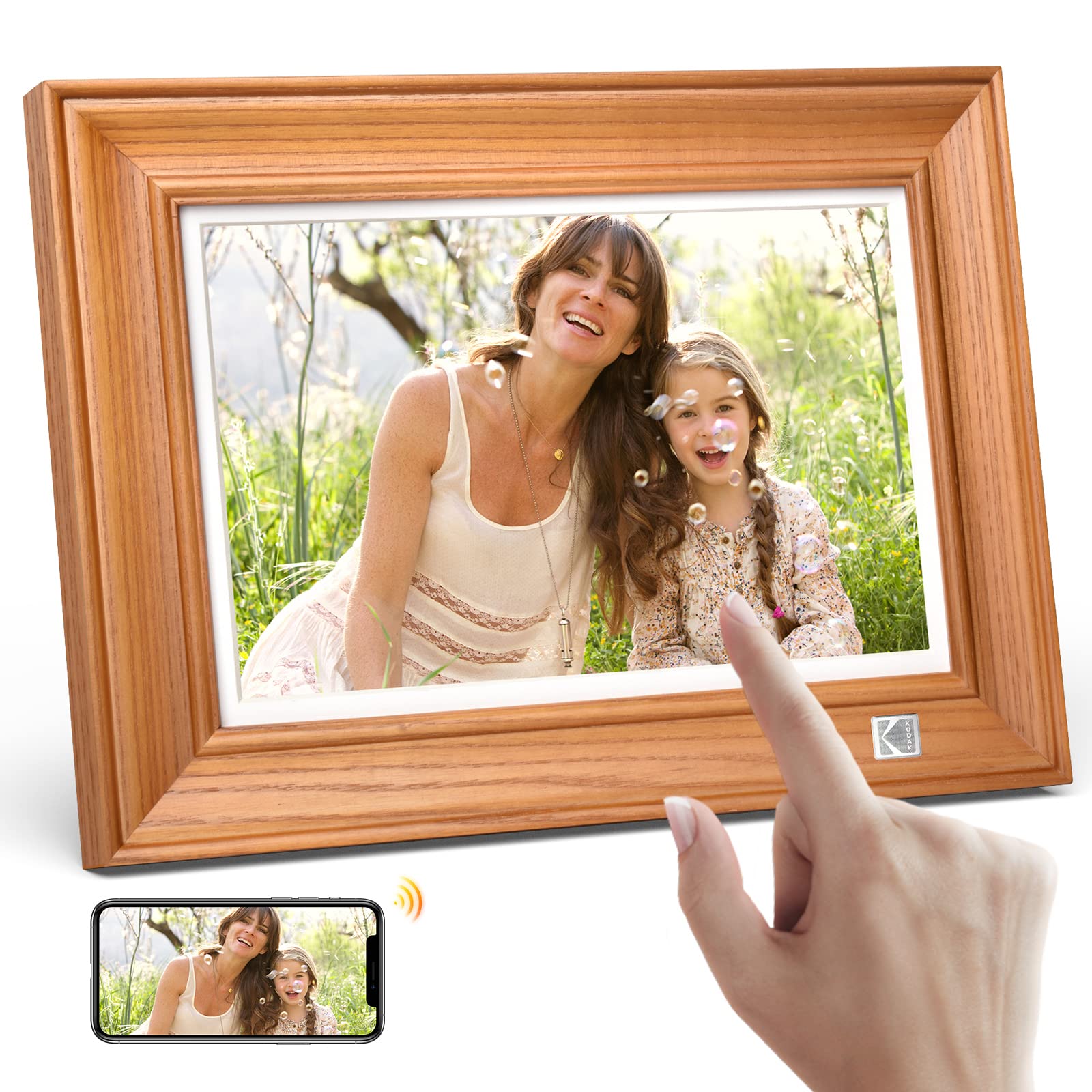 KODAK Digital Photo Frame 10 Inch, WiFi Digital Picture Frame with 32GB Memory, FHD 1920x1200 IPS Touchscreen, Wooden Smart Electronic Picture Frame ShareS Photo, Video and Music with Family Instantly