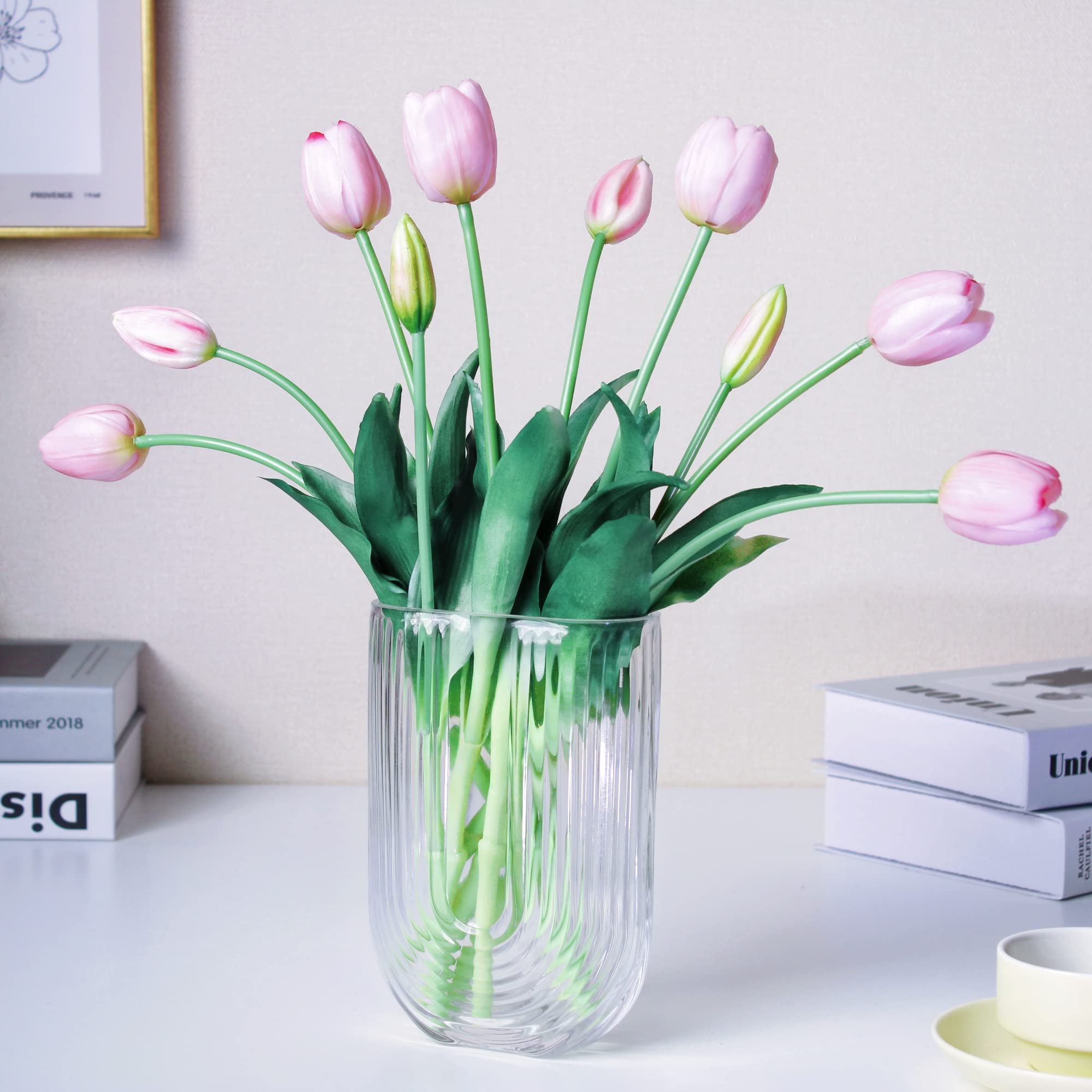 16-inch Premium Real Touch Fake Tulips Artificial Flowers with Buds, Flexible Stem Easy to Shape, Faux Tulips for Valentine's Day Home Decor Indoor (Vase not Included), 10-pack Set of Piggy Pink