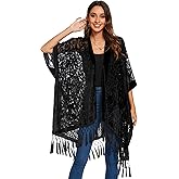 WeHello Women's Burnout Velvet Kimono Long Cardigan Cover Up With Tassel