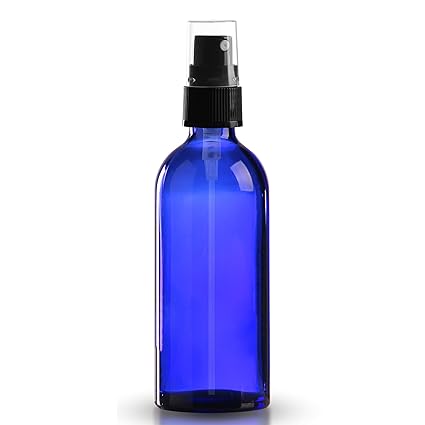 10 x Blauglasflasche 100ml royalblau / Sprühflasche inkl. Pumpzerstäuber / Sprühkopf schwarz DIN 18 mit transparenter Schutzk