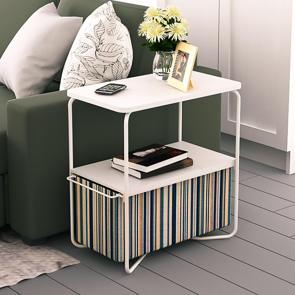 Creatwo End Table, 3 Tiers Wood Side Table/Coffee Table/Sofa Table with Storage Canvas Basket,Stripe