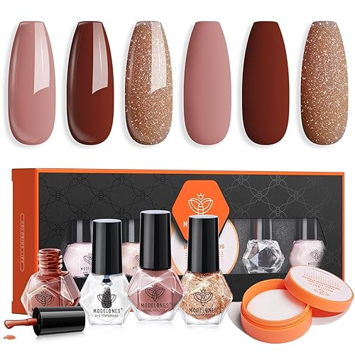 Modelones Nail Polish Set 3 Colors Autumn Brown Nail Polish Kit with Base and Top Coat & Remover Pad Bubble Natural Skin Tone Glitter Finger Nail Polish Manicure Diy Nail Art Salon Home