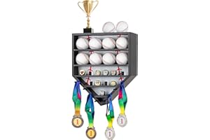GYaozii Baseball Balls Display Case with Championship Rings Medals Holder, Solid Wooden Wall Mount Baseball Box for Balls, Rings, Medals, Trophies Collection Black