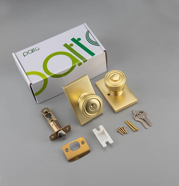 PARRO GOLD DOOR KNOBS INTERIOR & EXTERIOR, KEYED ENTRY DOOR KNOB FOR BEDROOM & LIVING ROOM, SATIN BRASS PISMO DOORKNOBS