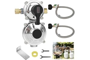 Noliven RV 2 Stage Automatic Changeover LP Propane Gas Regulator, 18 Inch Pigtail Hoses with Gauge, Stainless Braided QCC1 1/