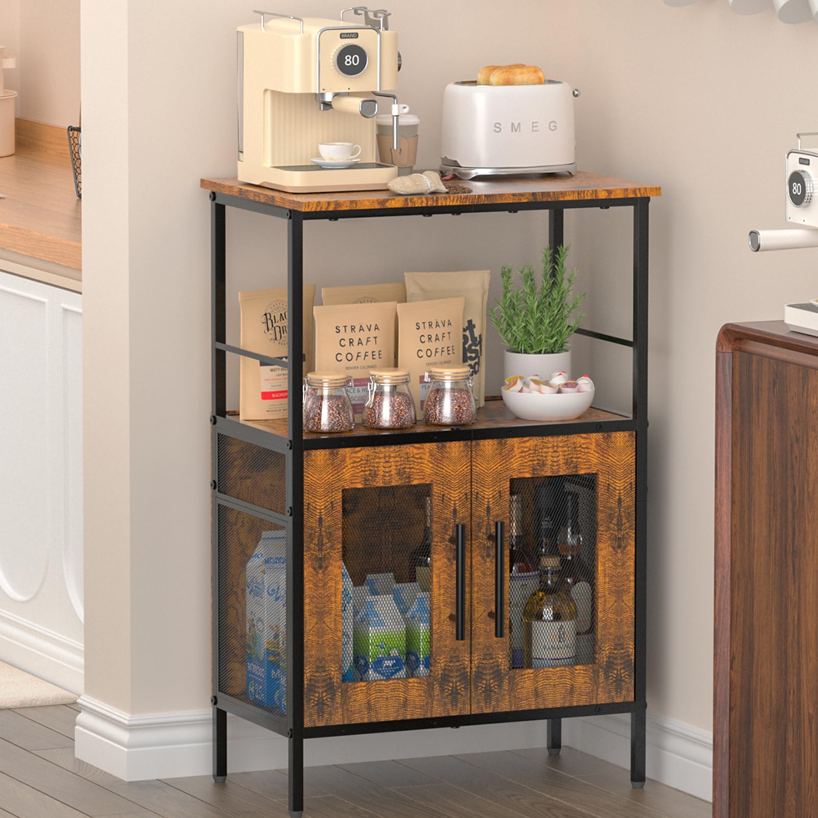 Farmhouse Coffee Bar Cart With Storage - 3-Tier Rolling Station, Magnetic Door Cabinet