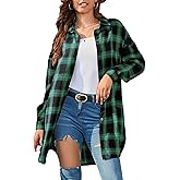 Bozanly Women's Oversized Button Down Long Plaid Flannel Shirts Lapel Long Sleeve Check Jacket Shacket