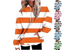 TXXEOSS Striped Hoodies for Women Orange White Stripes Hooded Sweatshirt Oversized Pullover Long Sleeve Tops No Fleece