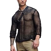 Evankin Men's T-Shirt Hollow Out Mesh Long Sleeve Tops See Through Underwear Knitted Sweater Loose Undershirt T-Shirt