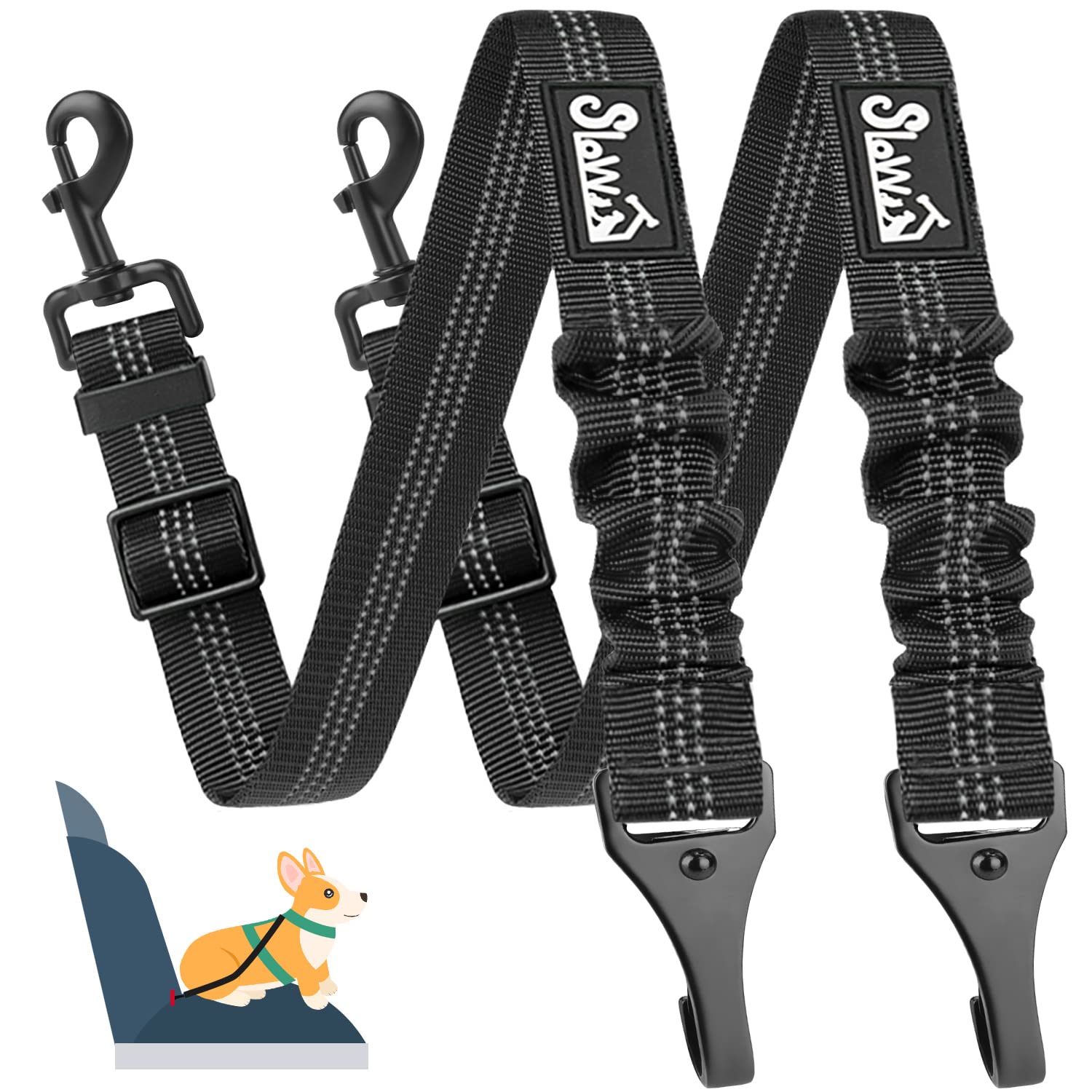 SlowTon Dog Seat Belt, 2 Packs Latch Bar & Isofix Dog Car Harness Seatbelt with Anti-Shock Elastic Bungee Buffer for Small Medium Large Dogs, Adjustable Reflective Pet Car Restraint Safety Belt Tether