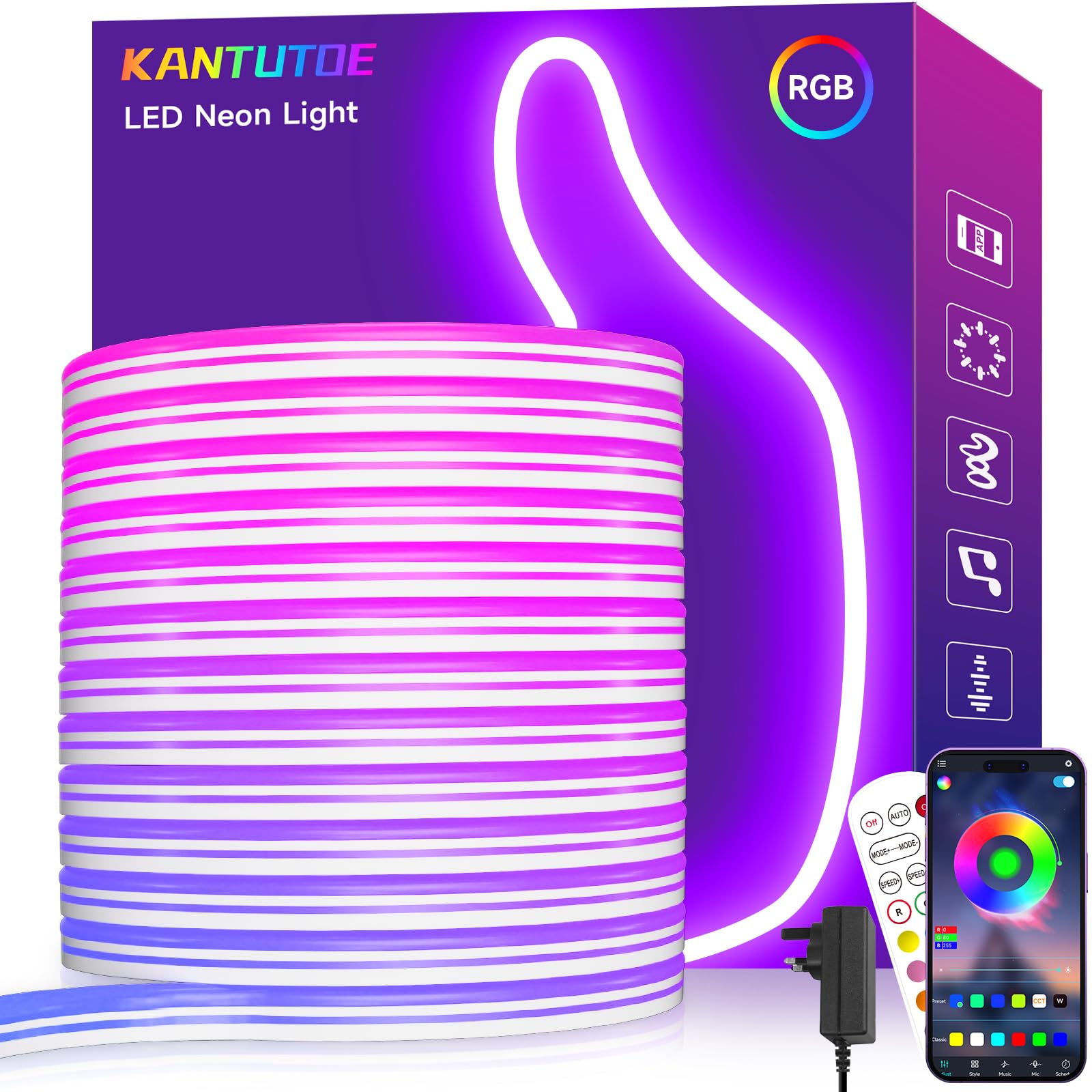 KANTUTOE LED Neon Rope Lights - 10m RGB LED Lights, Music Sync App/Remote Control, IP67 Waterproof for Bedroom, Indoor Outdoor Decor