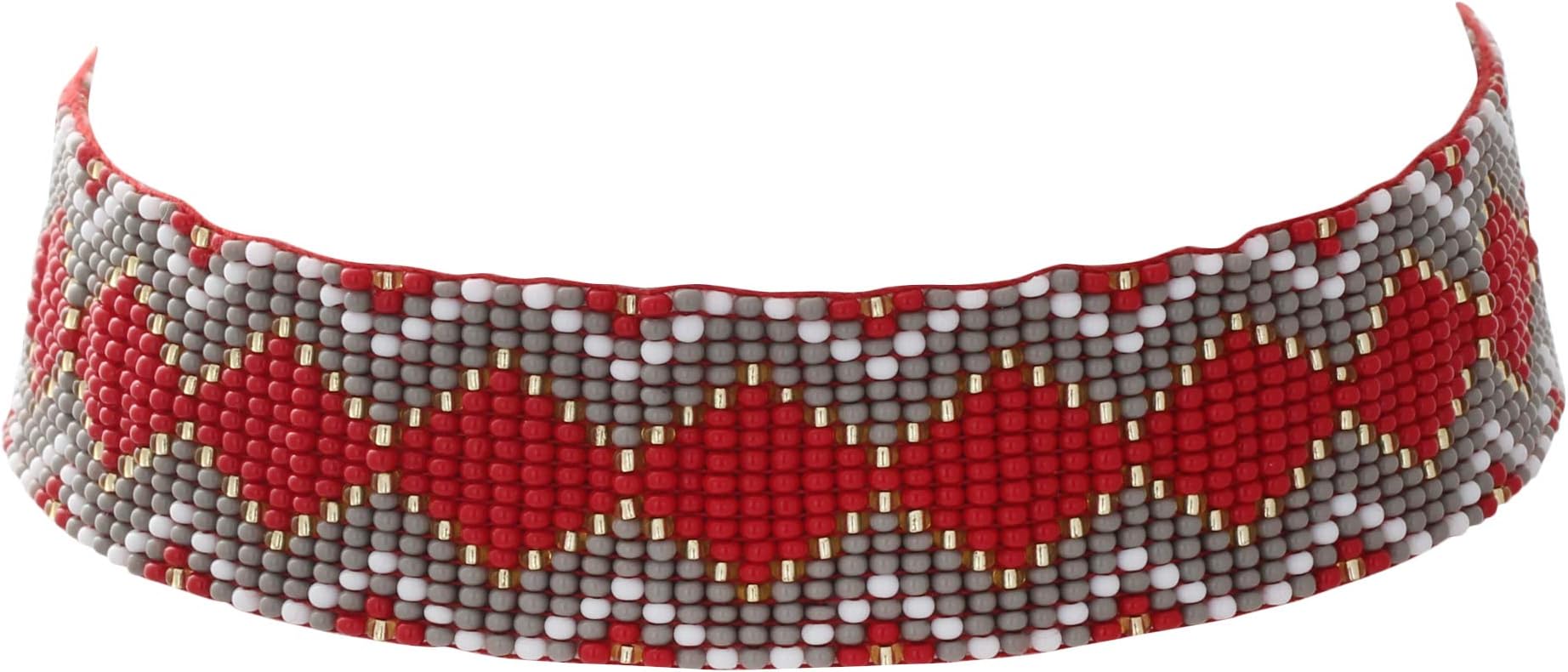 Preciosa Jablonex Seed Bead Native American Style Inspired Seed Beaded Choker Grey And Red Patterned Handmade Personalized Delicate Costume Fashion Unique Necklace for Women.