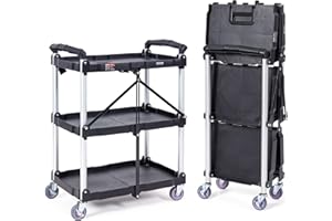 VEVOR Foldable Utility Service Cart, 3 Shelf 165LBS Heavy Duty Plastic Rolling Cart with Swivel Wheels (2 with Brakes), Ergon