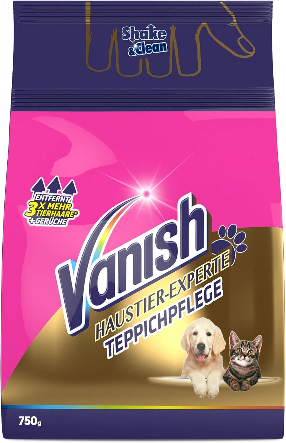 Vanish Haustier-Experte Teppichreiniger – Pulver zur Teppich-Pflege, ideal für Großflächen – Gegen Schmutz, Tierhaare & Geruch nach Urin – 1 x 750 g