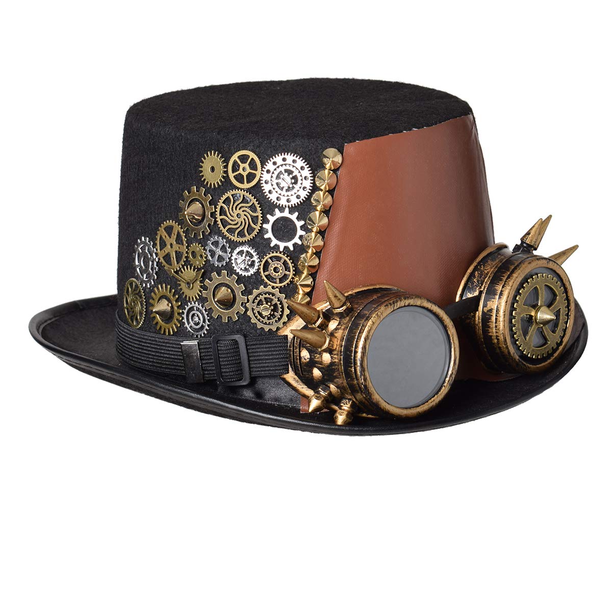 GRACEART Unisex Steampunk Top Hat Halloween Costume Hat Fancy Dress Accessory With Goggles and Gears (L-61cm, Style-F)