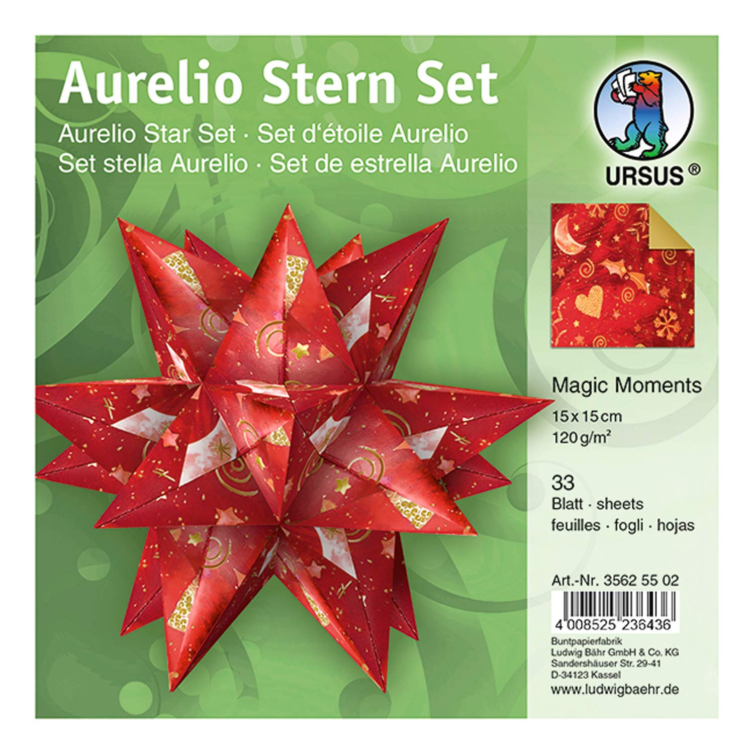Ursus 35625502 Aurelio Stern Magic Moments Star Night 33 Sheets Creative Paper 15 x 15 cm 120 g/m² Printed on Both Sides with Foil Finish on One Side Red/Gold